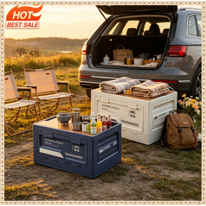 Outdoor Camping Storage Box - Outdoor-Aufbewahrungsbox Camping-Faltbox Camping-Organizer Kofferraumbox mit Holzdeckel