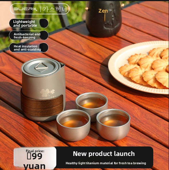 Outdoor Camping Kettle - Tragbares Reise-Tee-Set mit Titan-beschichteter Legierungsteekanne und
